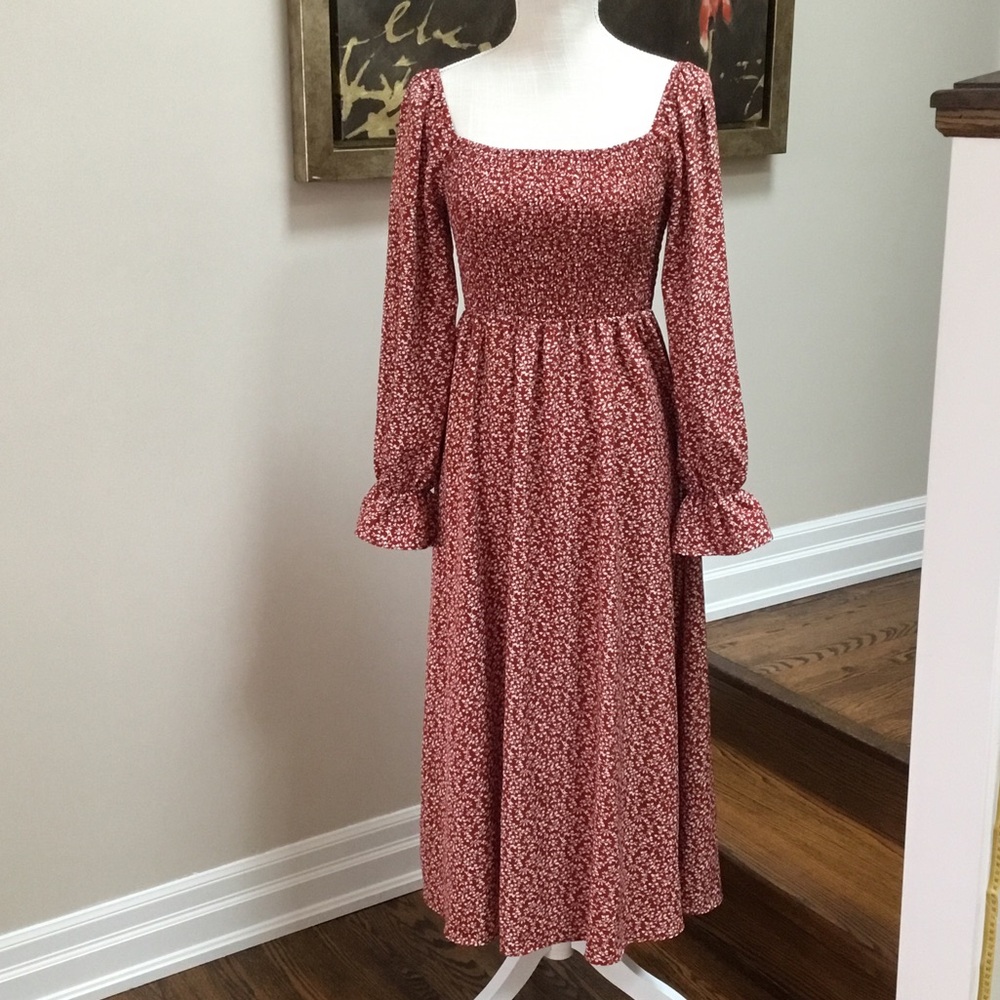 Red Floral Long Sleeve Boho Dress